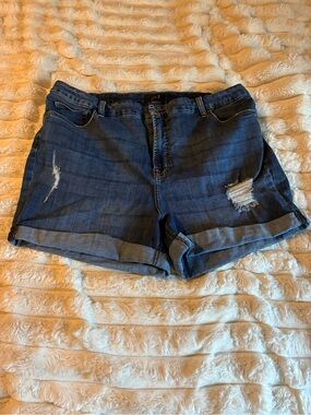 Distressed Dark Blue Roll-Cuff Denim Shorts